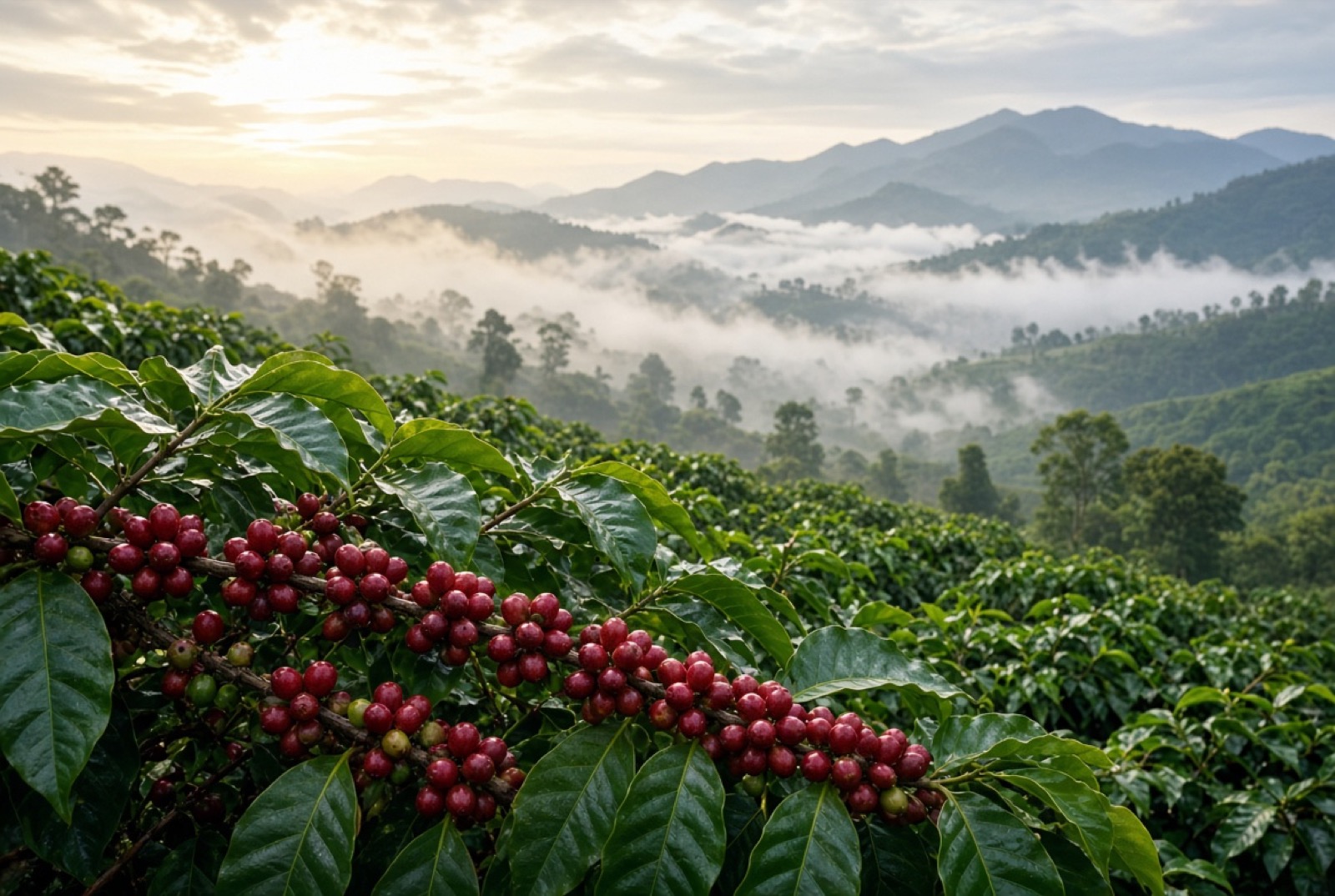 Coffee cherries growing on a Tanzanian coffee farm